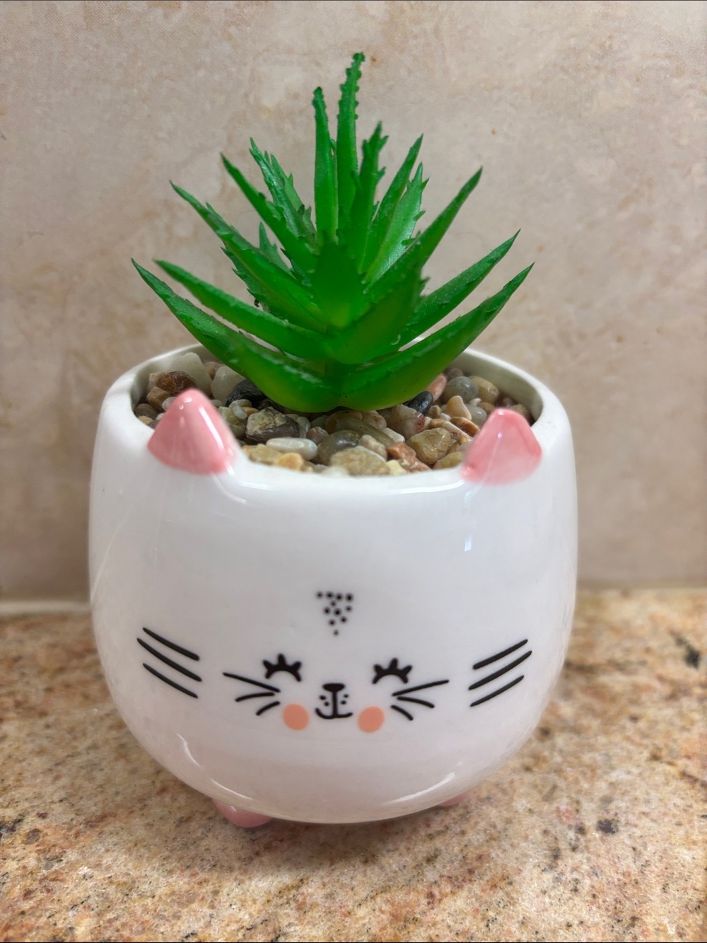 Cute Cat Ceramic Planter with Faux Succulent - White & Green with Pink Accents - Picture 4 of 5